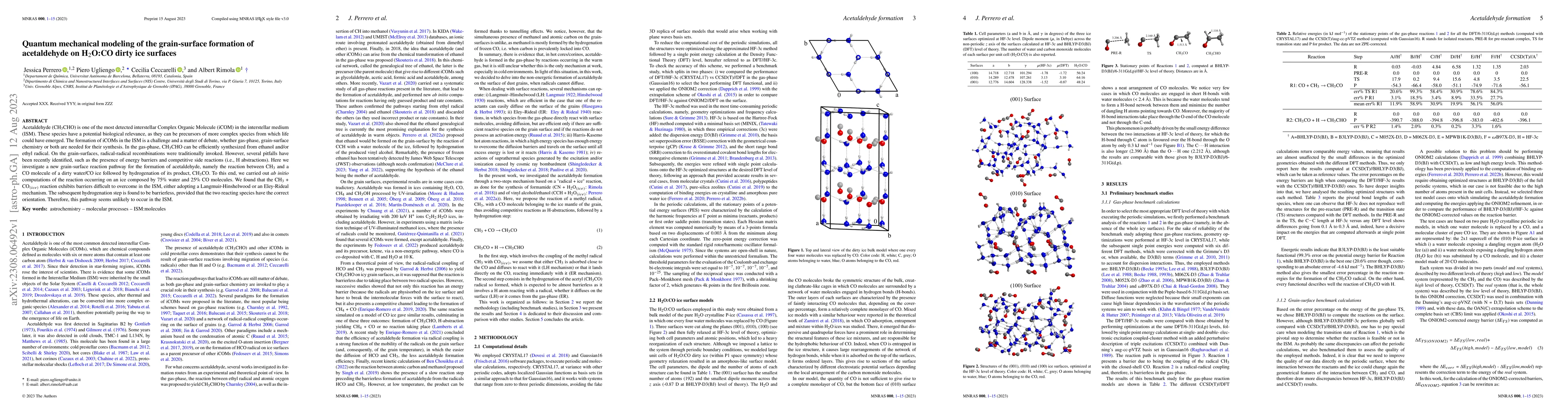 Thumbnail for Quantum mechanical modeling of the grain-surface formation of
  acetaldehyde on H$_2$O:CO dirty ice surfaces