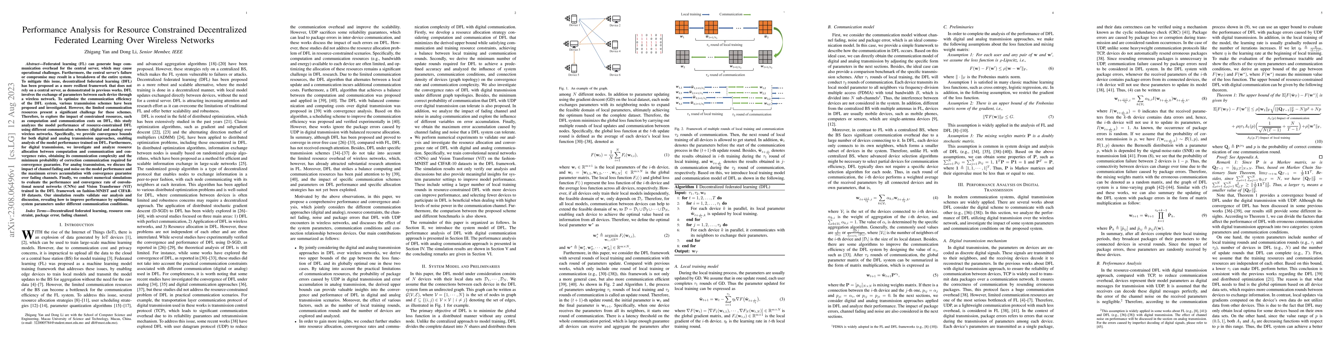Thumbnail for Performance Analysis for Resource Constrained Decentralized Federated
  Learning Over Wireless Networks