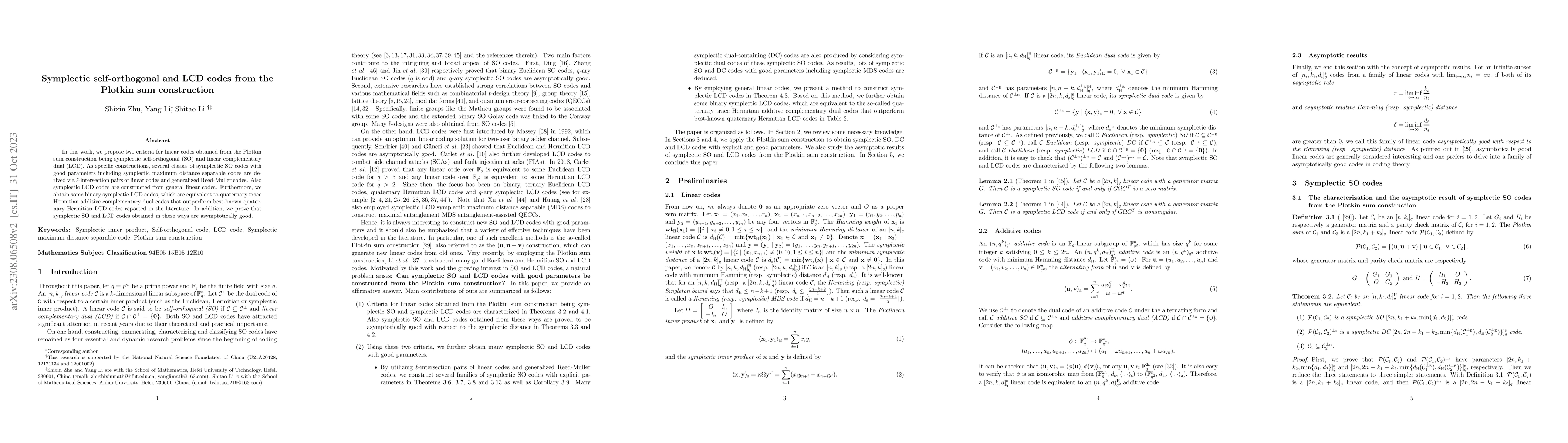 Thumbnail for Symplectic self-orthogonal and LCD codes from the Plotkin sum
  construction