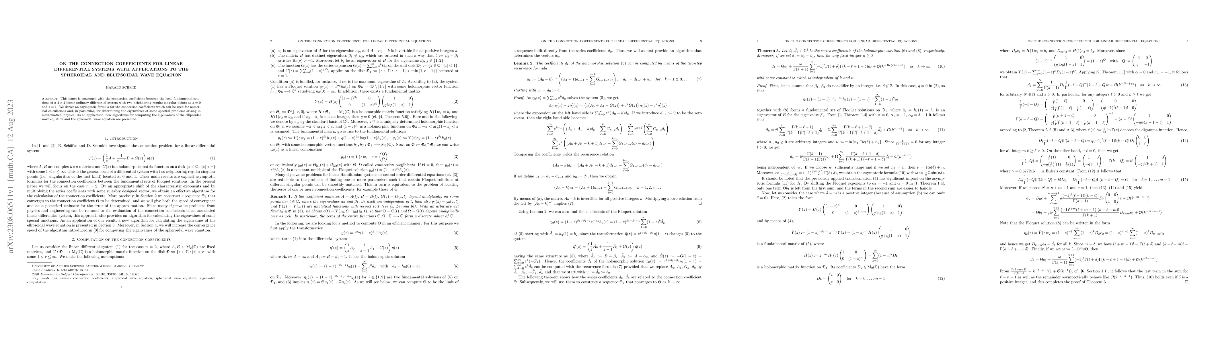 Thumbnail for On the connection coefficients for linear differential systems with
  applications to the spheroidal and ellipsoidal wave equation