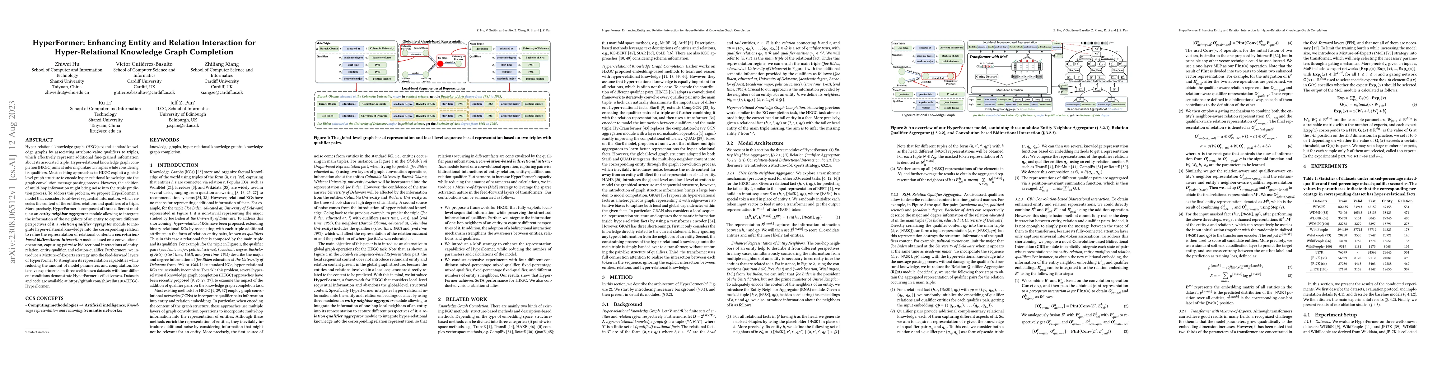 Thumbnail for HyperFormer: Enhancing Entity and Relation Interaction for
  Hyper-Relational Knowledge Graph Completion