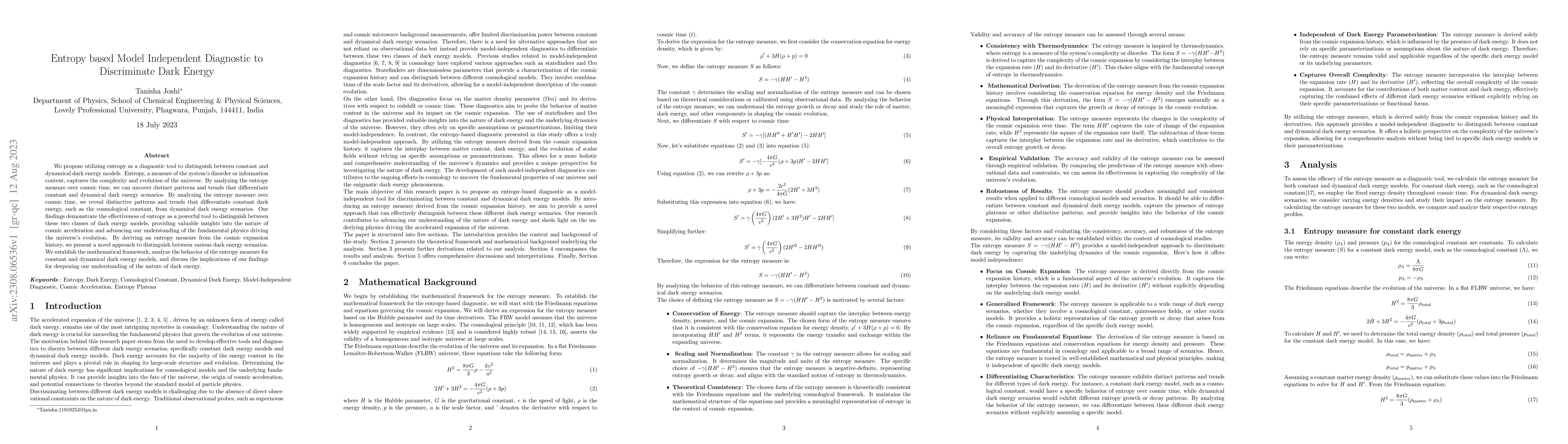 Thumbnail for Entropy based Model Independent Diagnostic to Discriminate Dark Energy