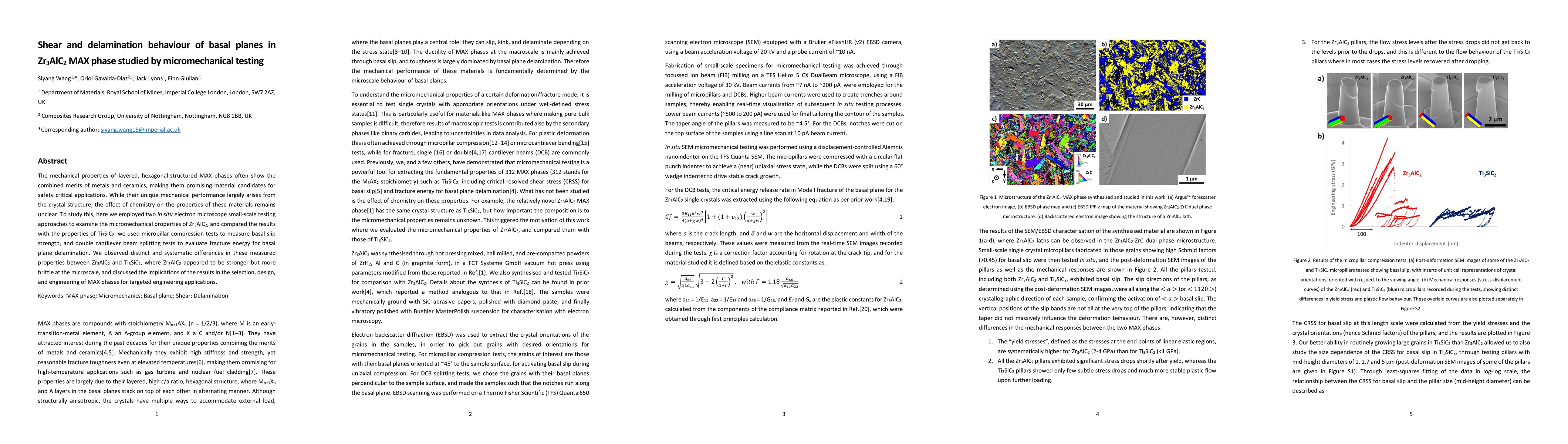 Thumbnail for Shear and delamination behaviour of basal planes in Zr3AlC2 MAX phase
  studied by micromechanical testing