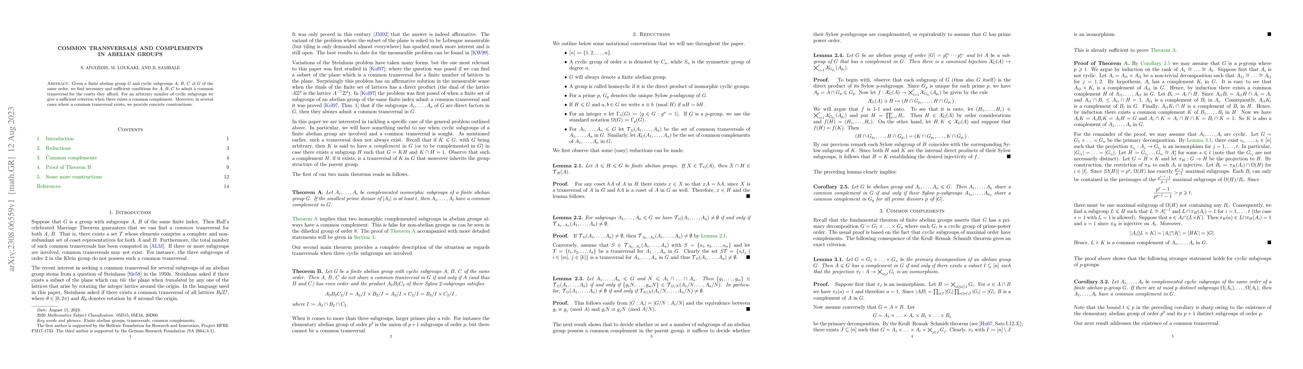 Thumbnail for Common transversals and complements in abelian groups