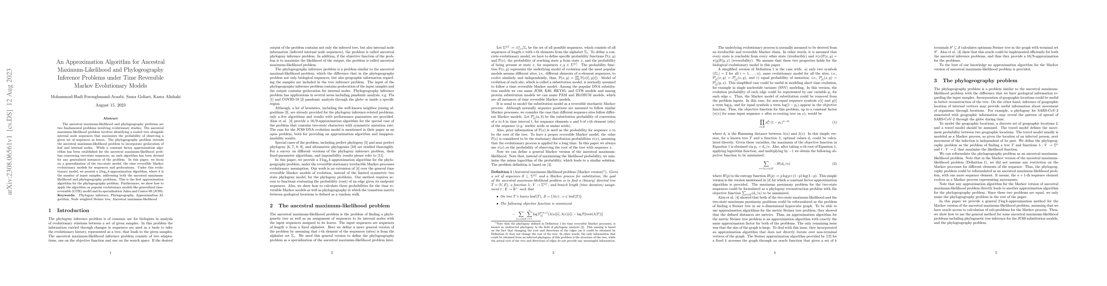 Thumbnail for An Approximation Algorithm for Ancestral Maximum-Likelihood and
  Phylogeography Inference Problems under Time Reversible Markov Evolutionary
  Models
