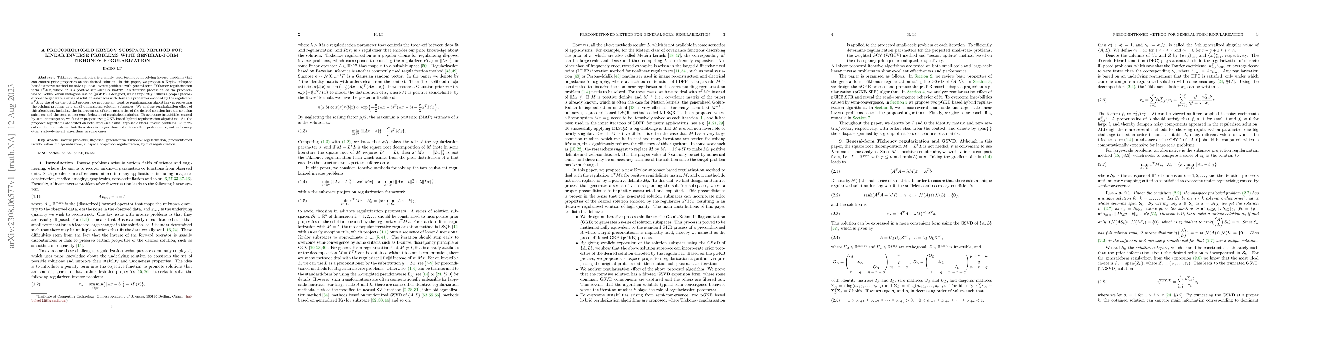 Thumbnail for A preconditioned Krylov subspace method for linear inverse problems with
  general-form Tikhonov regularization