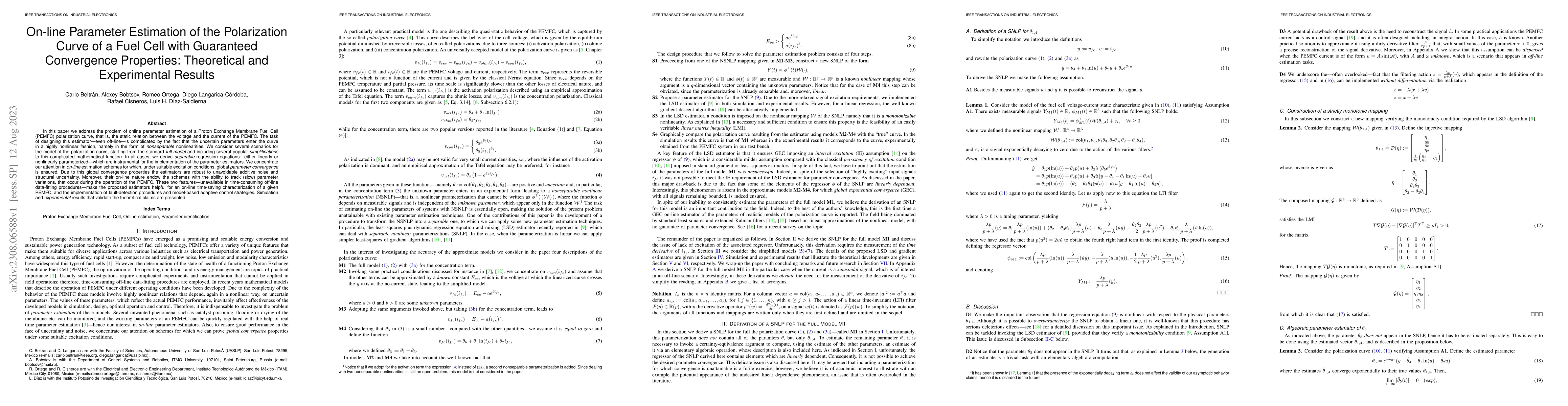 Thumbnail for On-line Parameter Estimation of the Polarization Curve of a Fuel Cell
  with Guaranteed Convergence Properties: Theoretical and Experimental Results