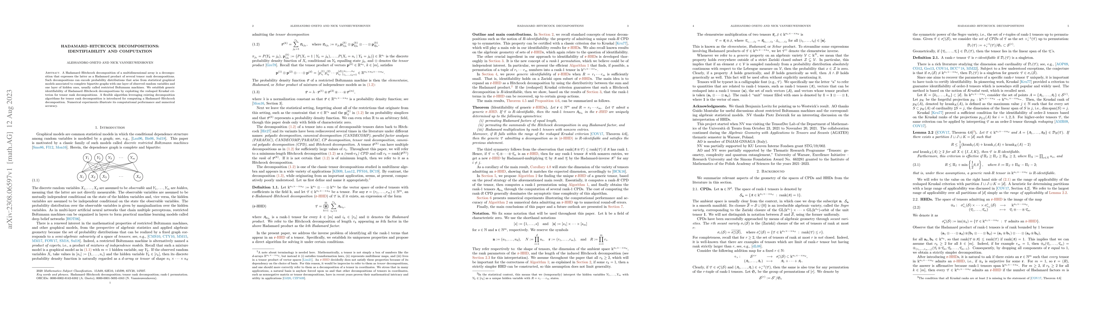 Thumbnail for Hadamard-Hitchcock decompositions: identifiability and computation