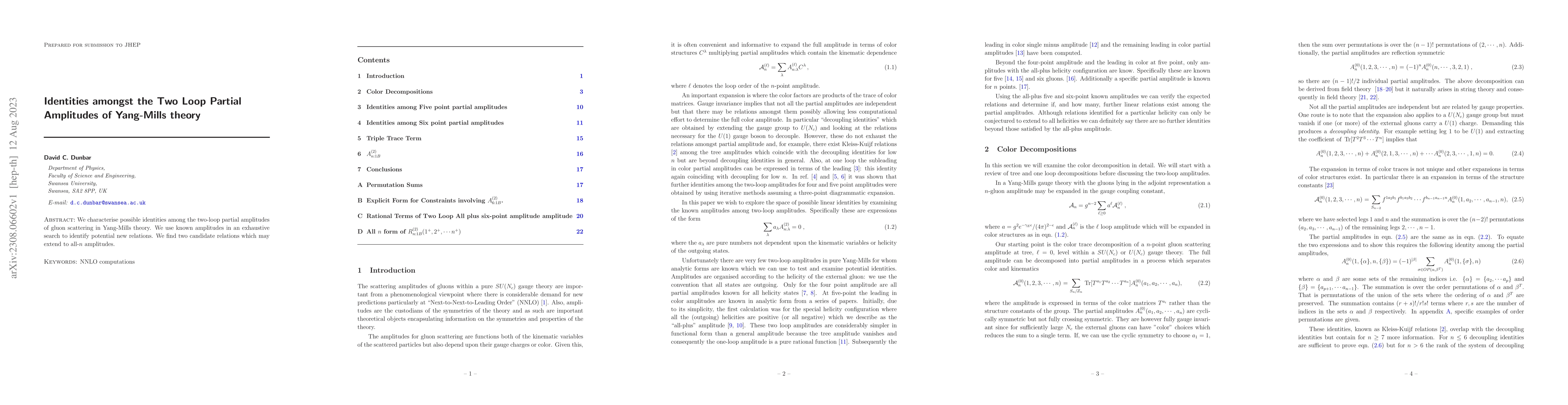 Thumbnail for Identities amongst the Two Loop Partial Amplitudes of Yang-Mills theory