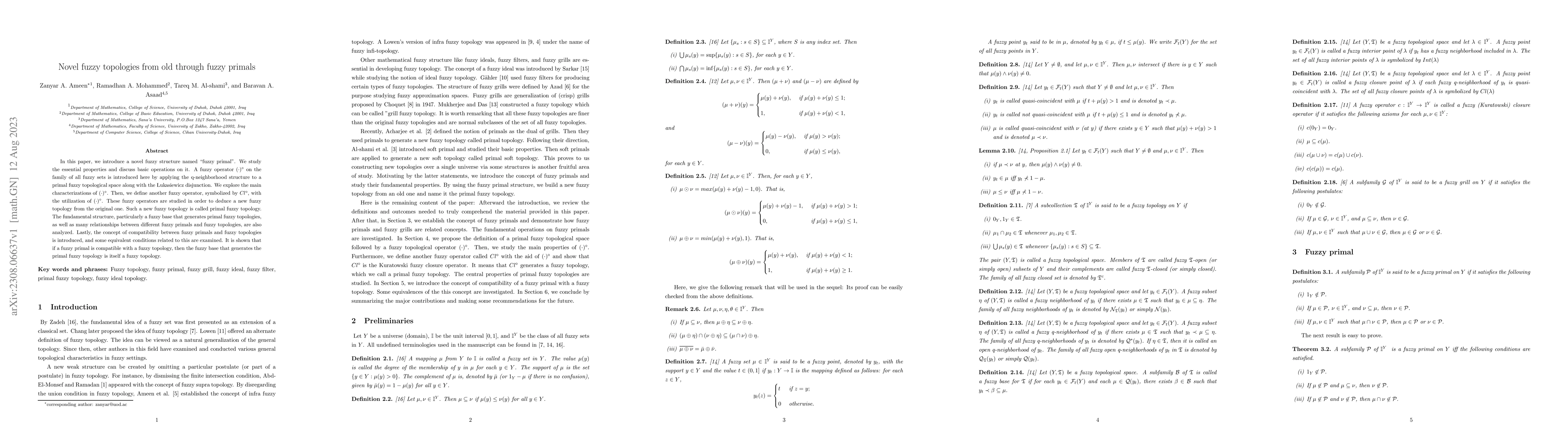 Thumbnail for Novel fuzzy topologies from old through fuzzy primals
