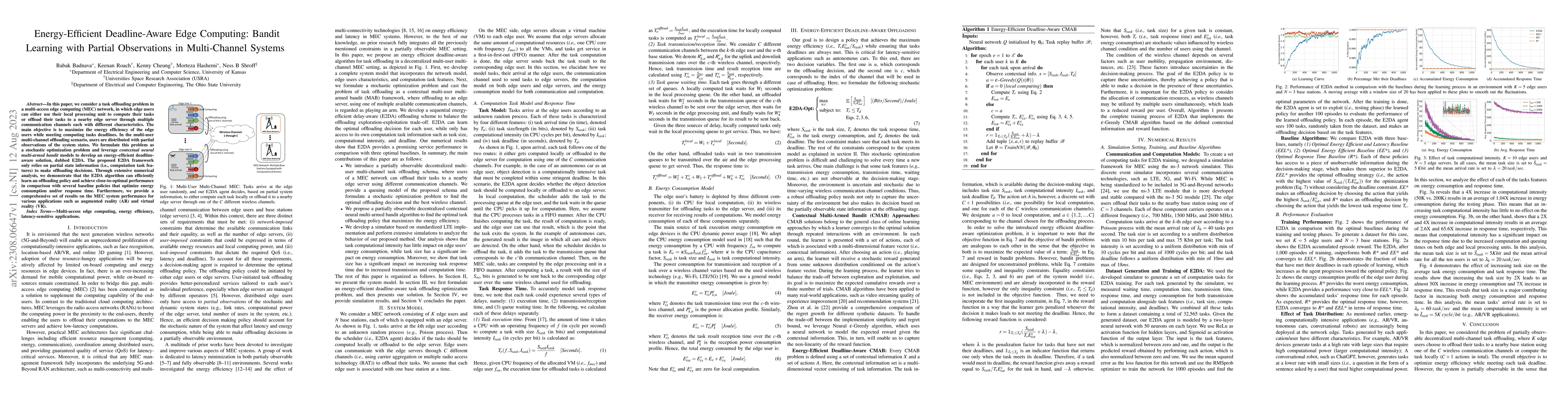 Thumbnail for Energy-Efficient Deadline-Aware Edge Computing: Bandit Learning with
  Partial Observations in Multi-Channel Systems