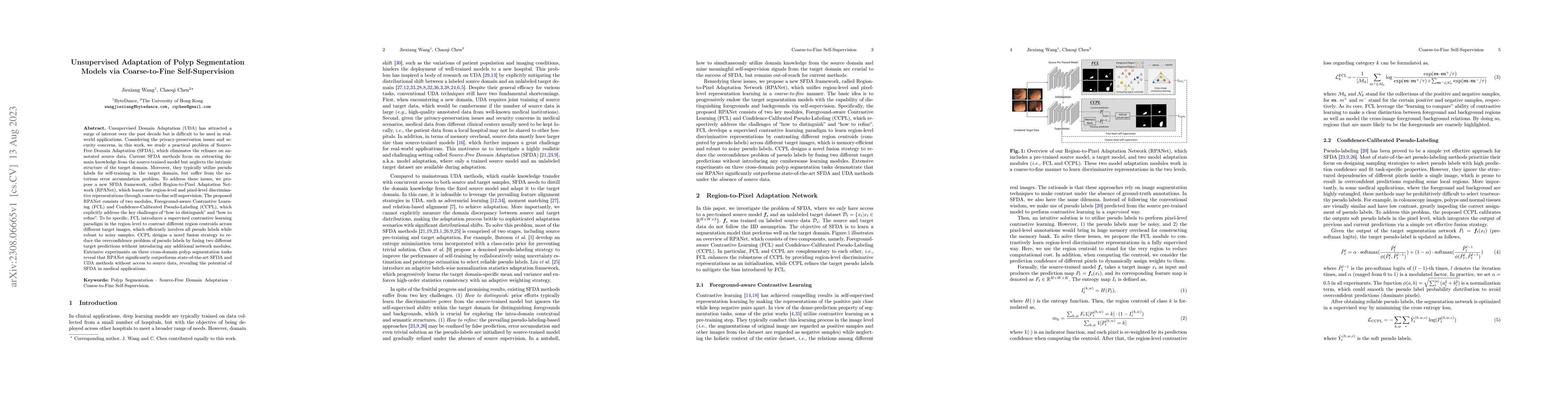 Thumbnail for Unsupervised Adaptation of Polyp Segmentation Models via Coarse-to-Fine
  Self-Supervision