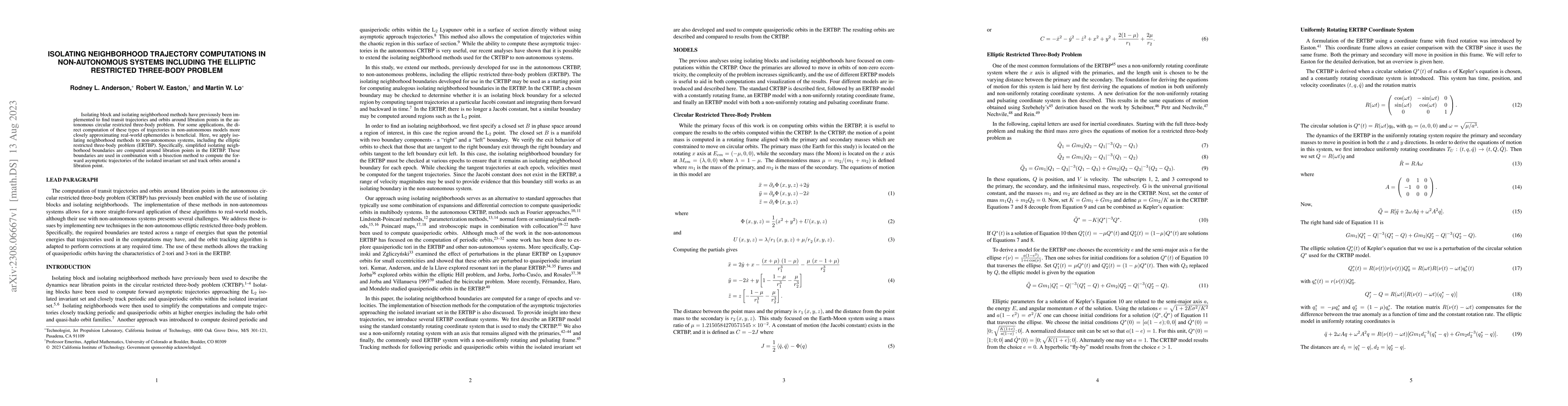 Thumbnail for Isolating Neighborhood Trajectory Computations in Non-Autonomous Systems
  Including the Elliptic Restricted Three-Body Problem