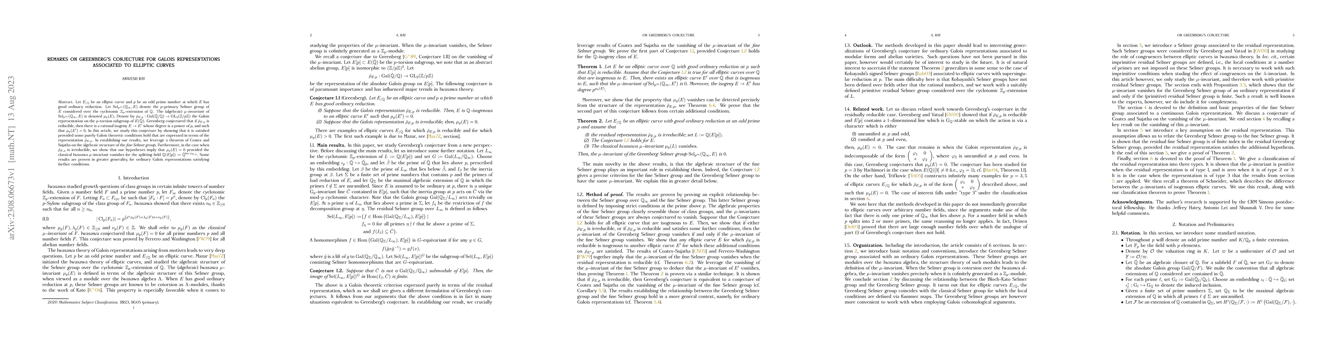 Thumbnail for Remarks on Greenberg's conjecture for Galois representations associated
  to elliptic curves