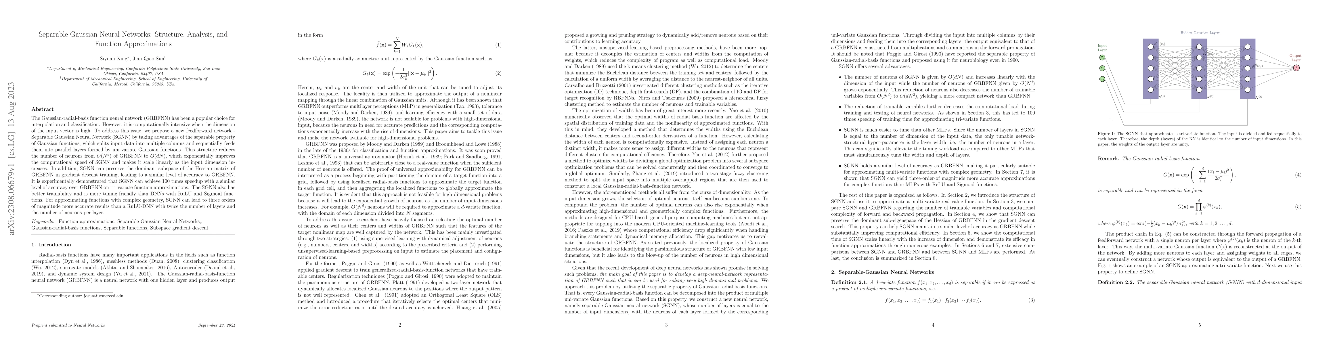 Thumbnail for Separable Gaussian Neural Networks: Structure, Analysis, and Function
  Approximations