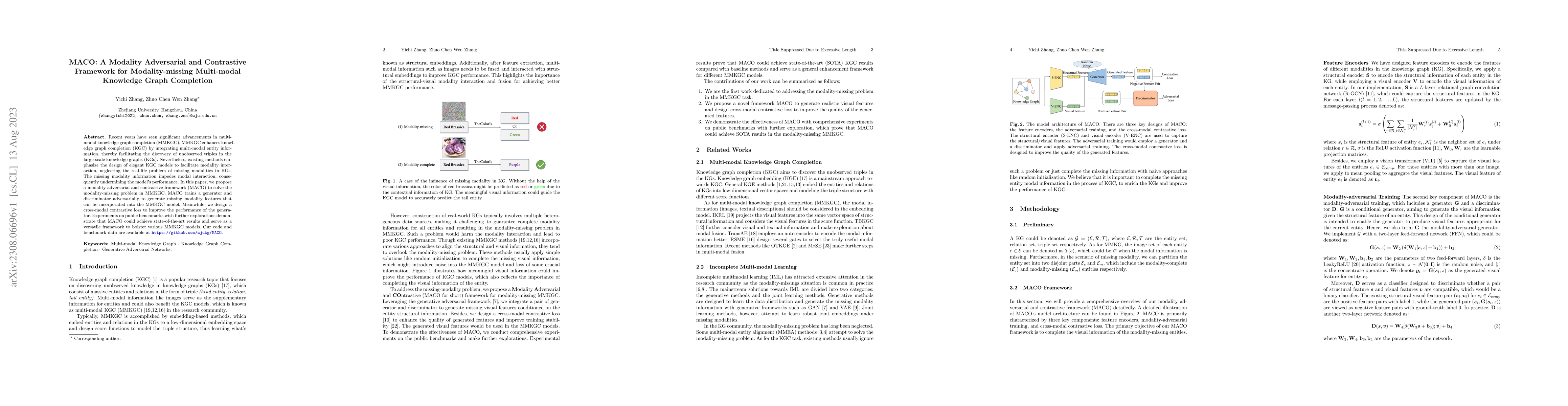 Thumbnail for MACO: A Modality Adversarial and Contrastive Framework for
  Modality-missing Multi-modal Knowledge Graph Completion