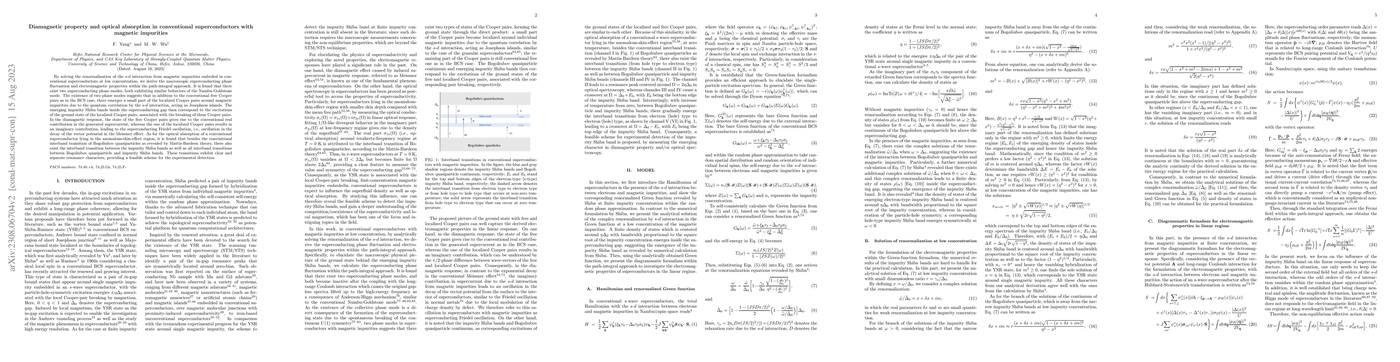 Thumbnail for Diamagnetic property and optical absorption in conventional
  superconductors with magnetic impurities