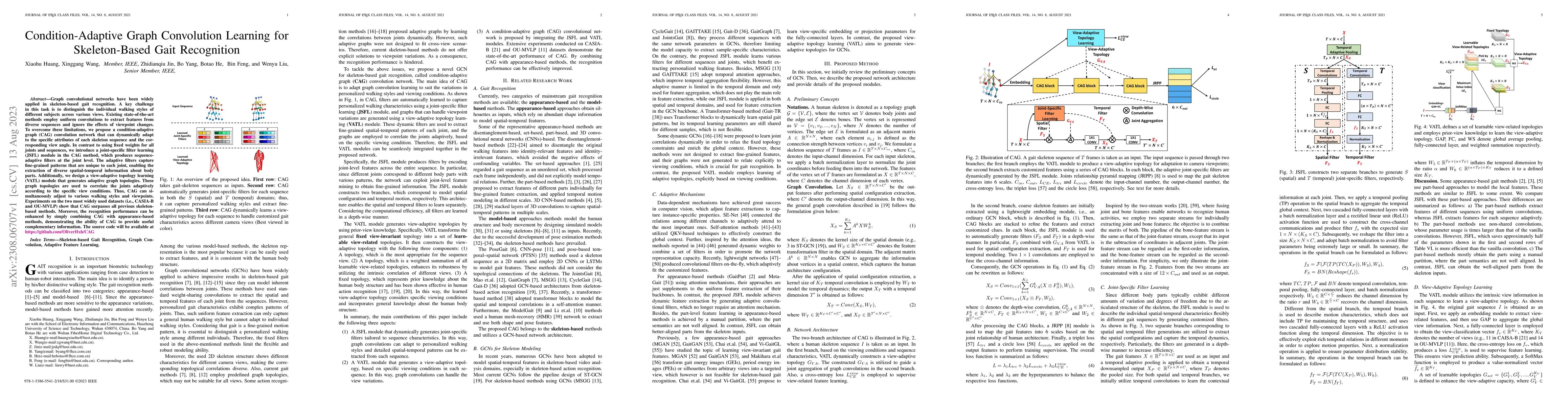 Thumbnail for Condition-Adaptive Graph Convolution Learning for Skeleton-Based Gait
  Recognition