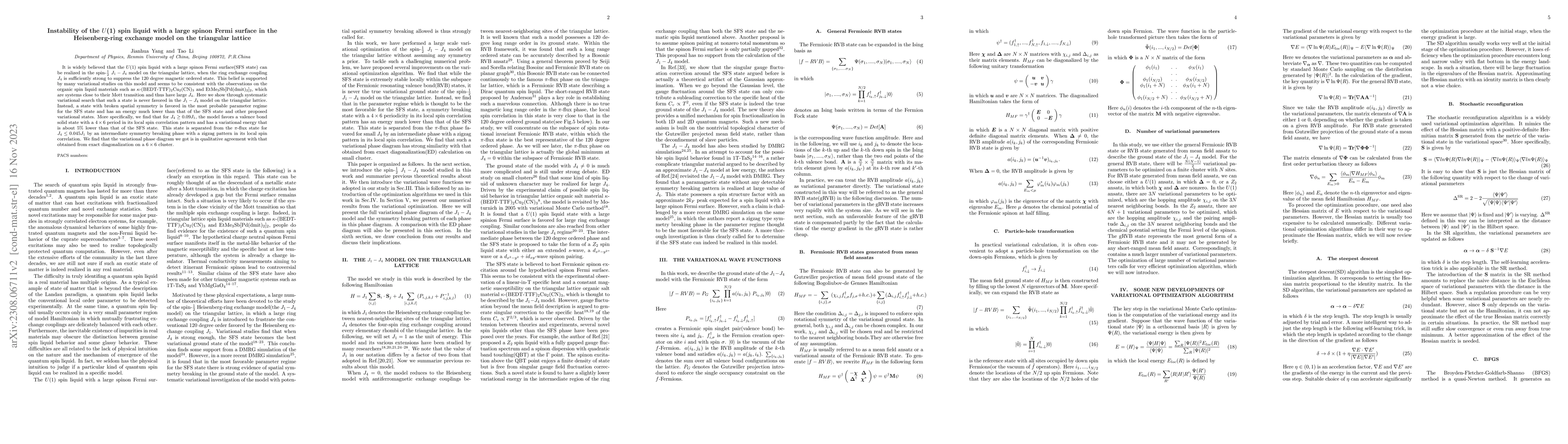 Thumbnail for Instability of the $U(1)$ spin liquid with a large spinon Fermi surface
  in the Heisenberg-ring exchange model on the triangular lattice