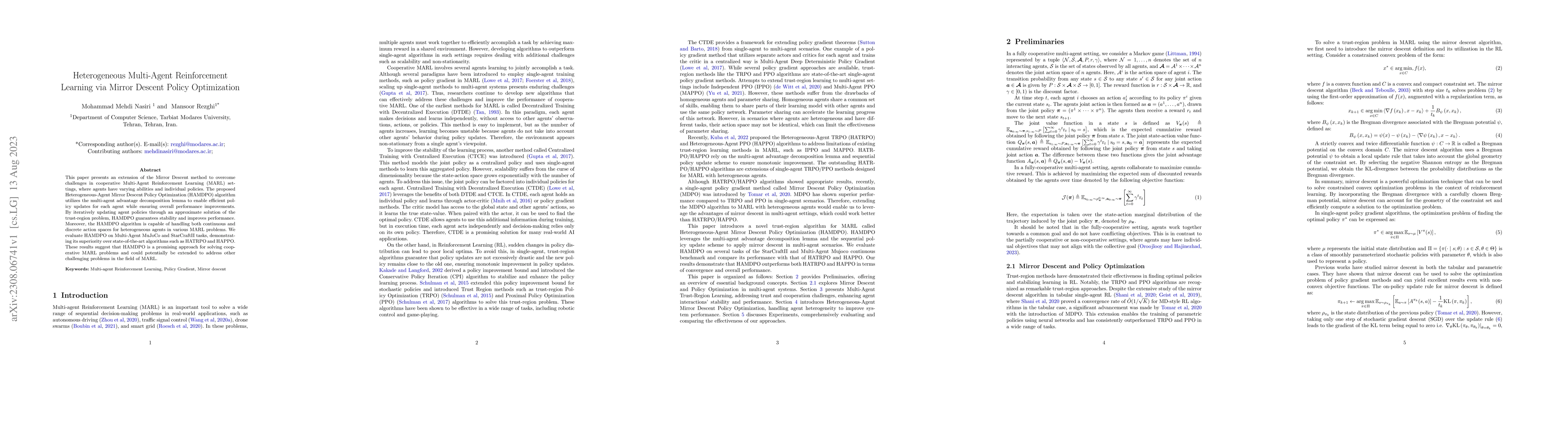 Thumbnail for Heterogeneous Multi-Agent Reinforcement Learning via Mirror Descent
  Policy Optimization
