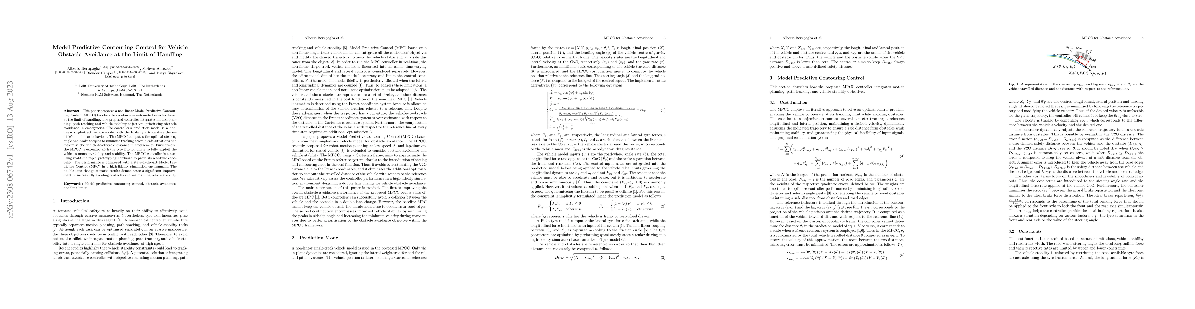 Thumbnail for Model Predictive Contouring Control for Vehicle Obstacle Avoidance at
  the Limit of Handling