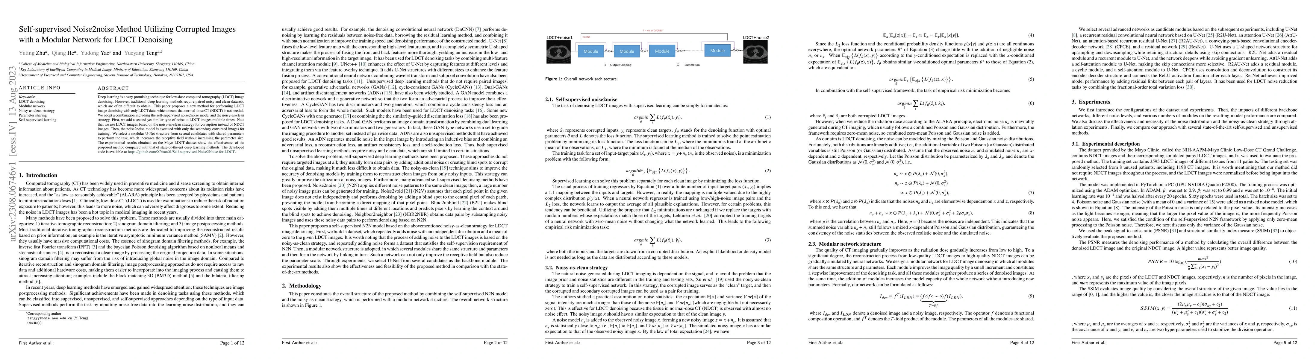 Thumbnail for Self-supervised Noise2noise Method Utilizing Corrupted Images with a
  Modular Network for LDCT Denoising