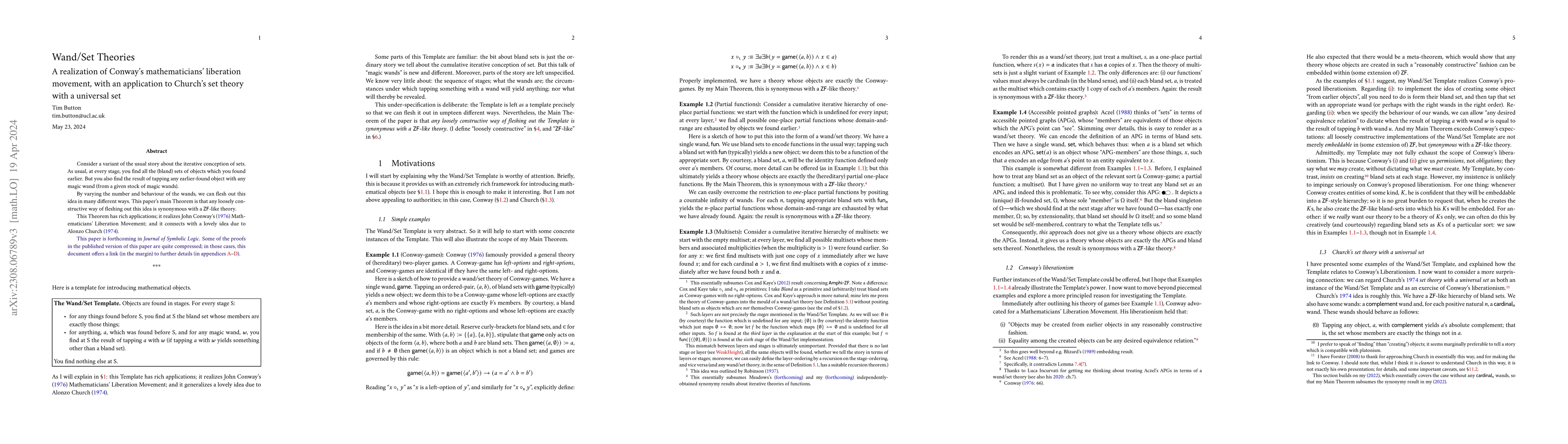 Thumbnail for Wand/set theories: A realization of Conway's mathematicians' liberation
  movement, with an application to Church's set theory with a universal set
