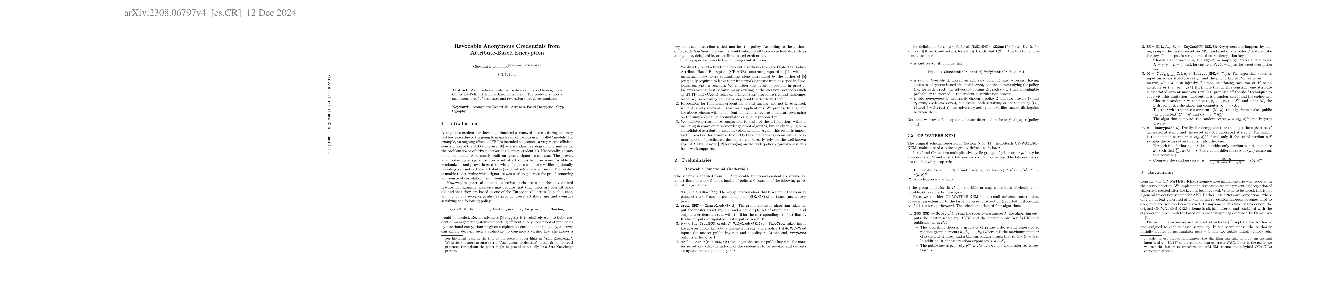 Thumbnail for A Zero-Knowledge Revocable Credential Verification Protocol Using
  Attribute-Based Encryption