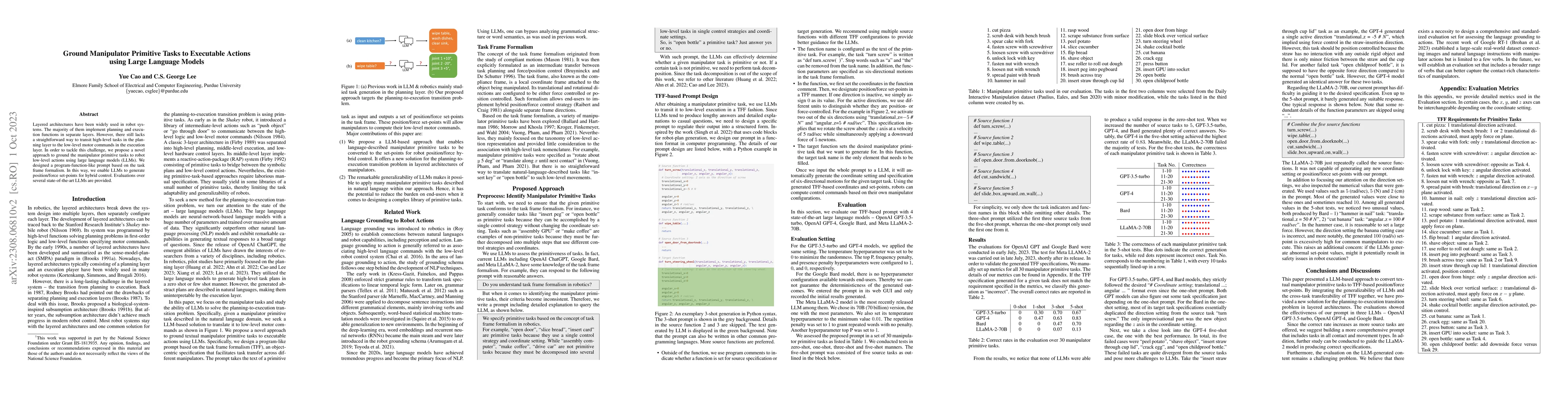 Thumbnail for Ground Manipulator Primitive Tasks to Executable Actions using Large
  Language Models