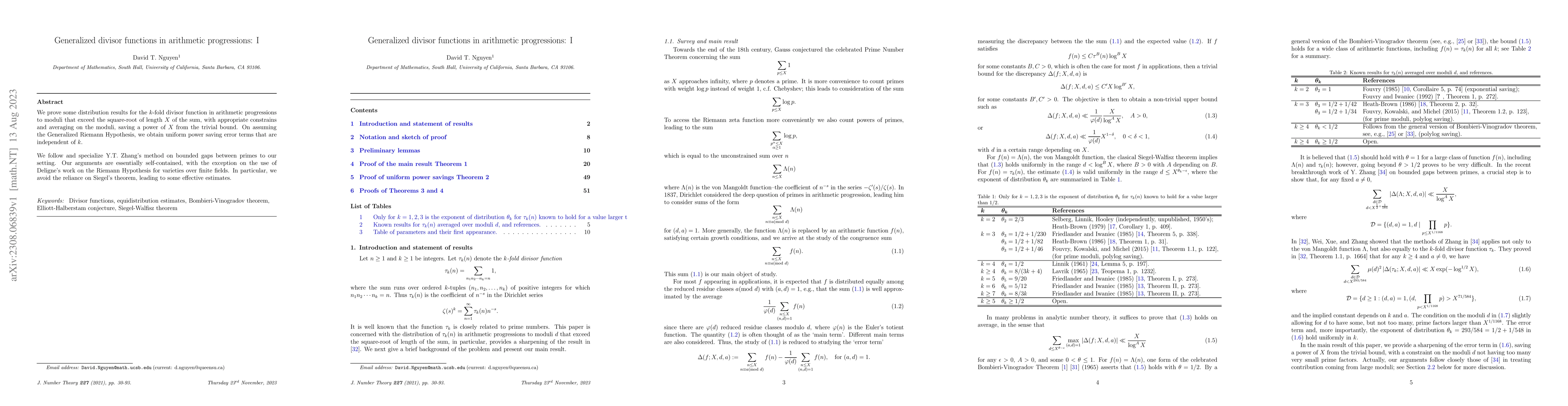 Thumbnail for Generalized divisor functions in arithmetic progressions: I