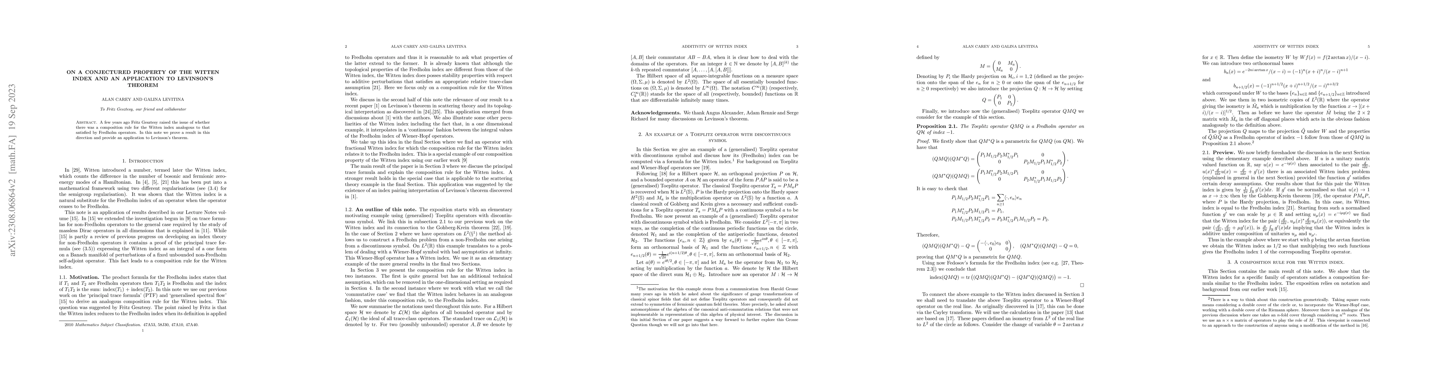 Thumbnail for On a conjectured property of the Witten index and an application to
  Levinson's theorem