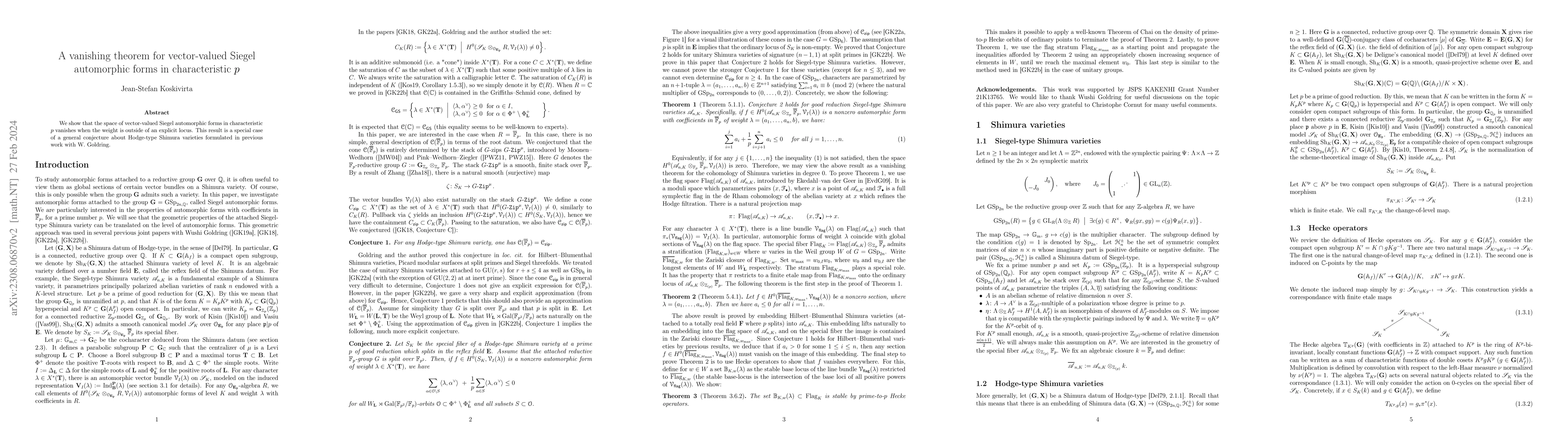 Thumbnail for A vanishing theorem for vector-valued Siegel automorphic forms in
  characteristic $p$