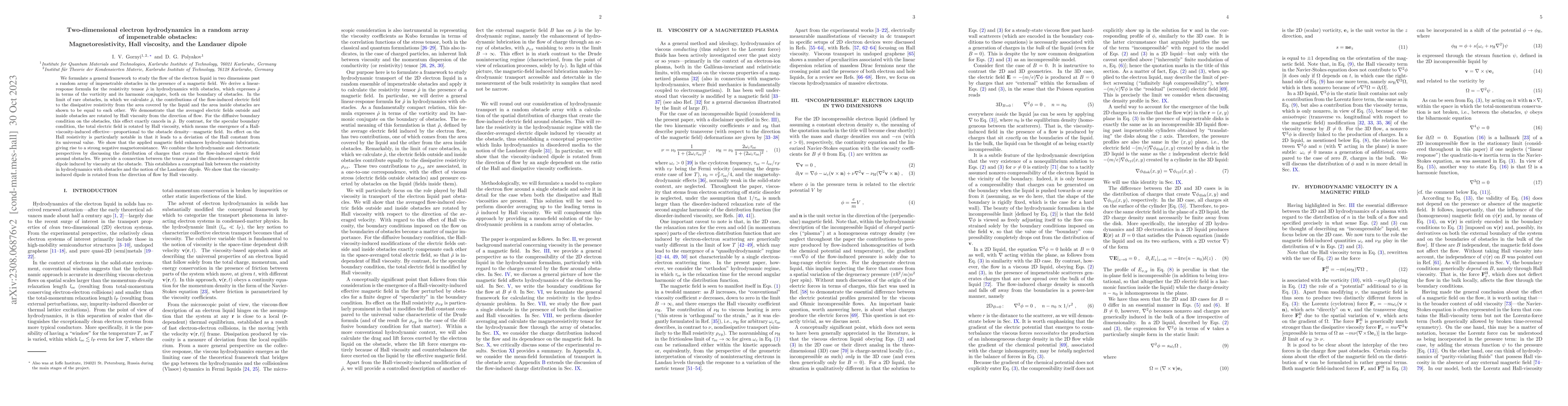 Thumbnail for Two-dimensional electron hydrodynamics in a random array of impenetrable
  obstacles: Magnetoresistivity, Hall viscosity, and the Landauer dipole
