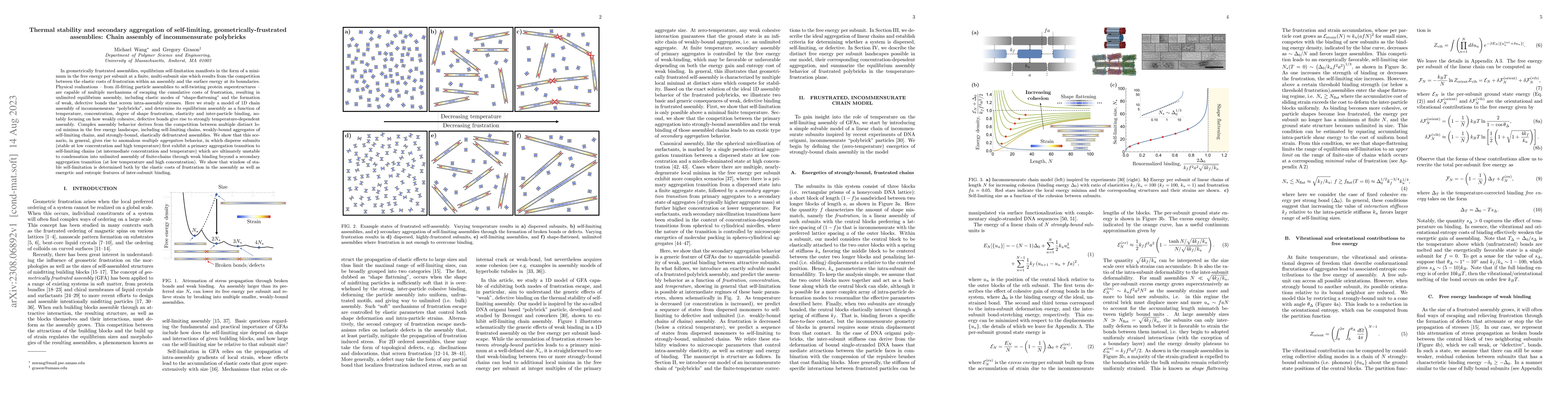 Thumbnail for Thermal stability and secondary aggregation of self-limiting,
  geometrically-frustrated assemblies: Chain assembly of incommensurate
  polybricks