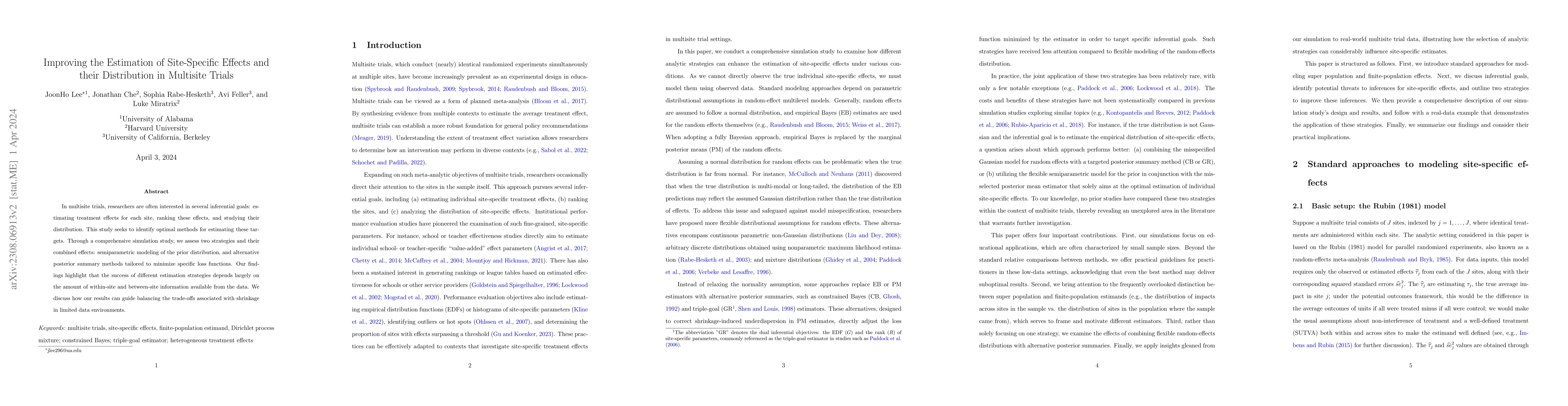 Thumbnail for Improving the Estimation of Site-Specific Effects and their Distribution
  in Multisite Trials
