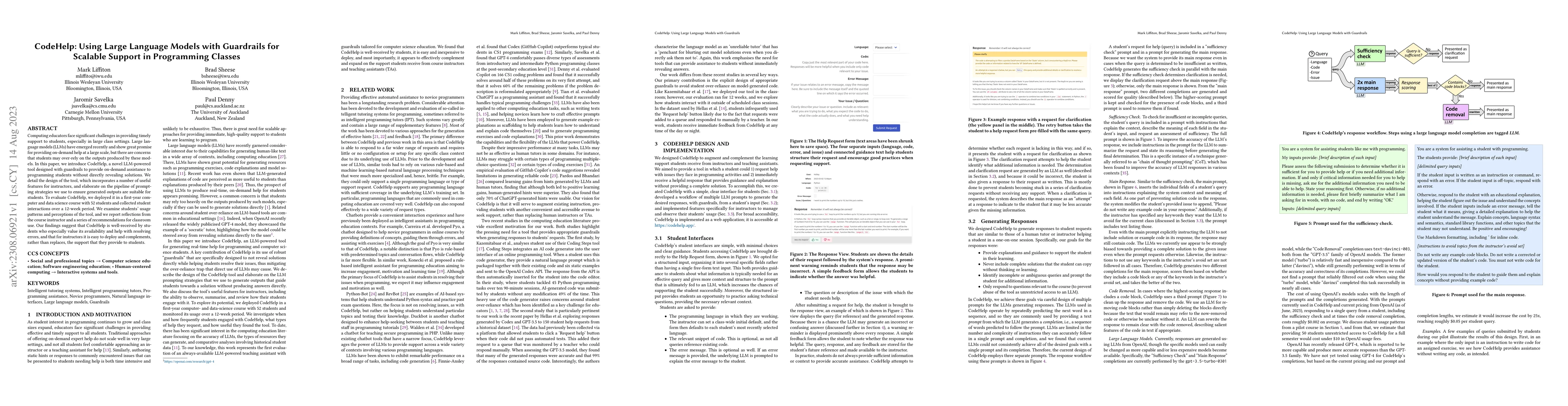 Thumbnail for CodeHelp: Using Large Language Models with Guardrails for Scalable
  Support in Programming Classes