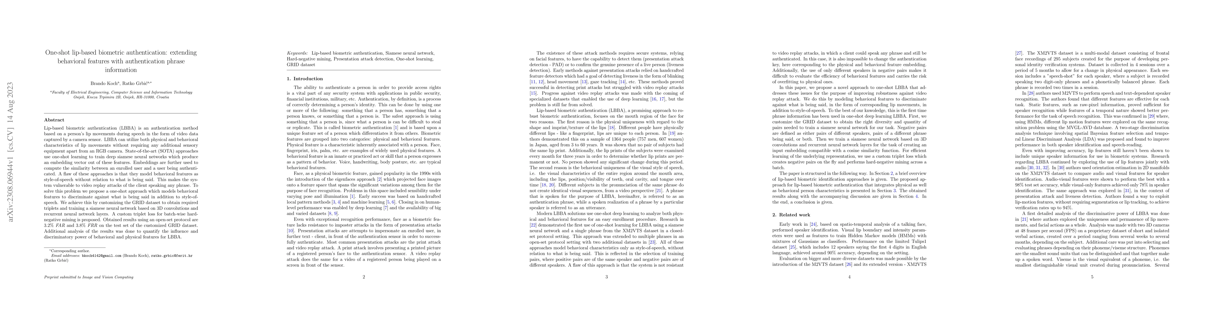 Thumbnail for One-shot lip-based biometric authentication: extending behavioral
  features with authentication phrase information