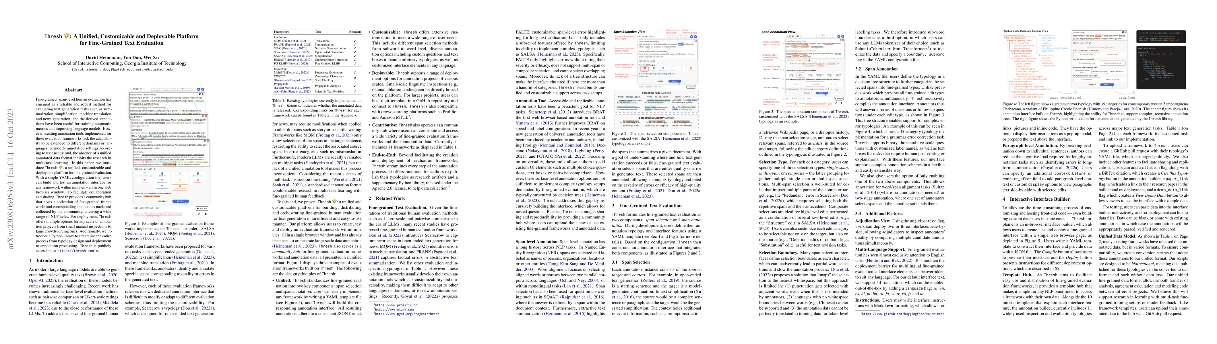 Thumbnail for Thresh: A Unified, Customizable and Deployable Platform for Fine-Grained
  Text Evaluation