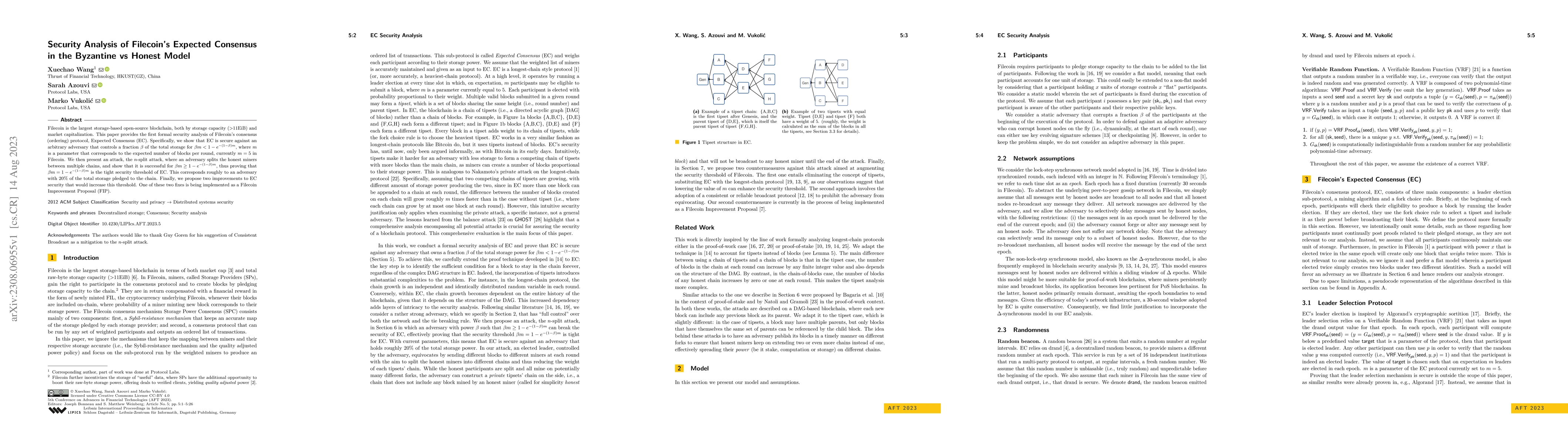Thumbnail for Security Analysis of Filecoin's Expected Consensus in the Byzantine vs
  Honest Model