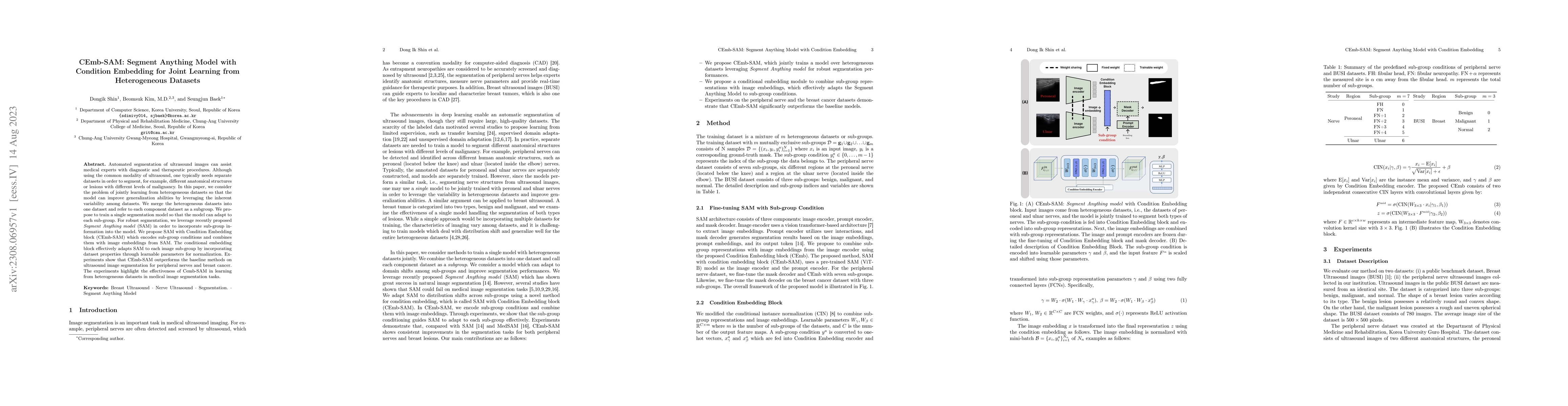 Thumbnail for CEmb-SAM: Segment Anything Model with Condition Embedding for Joint
  Learning from Heterogeneous Datasets