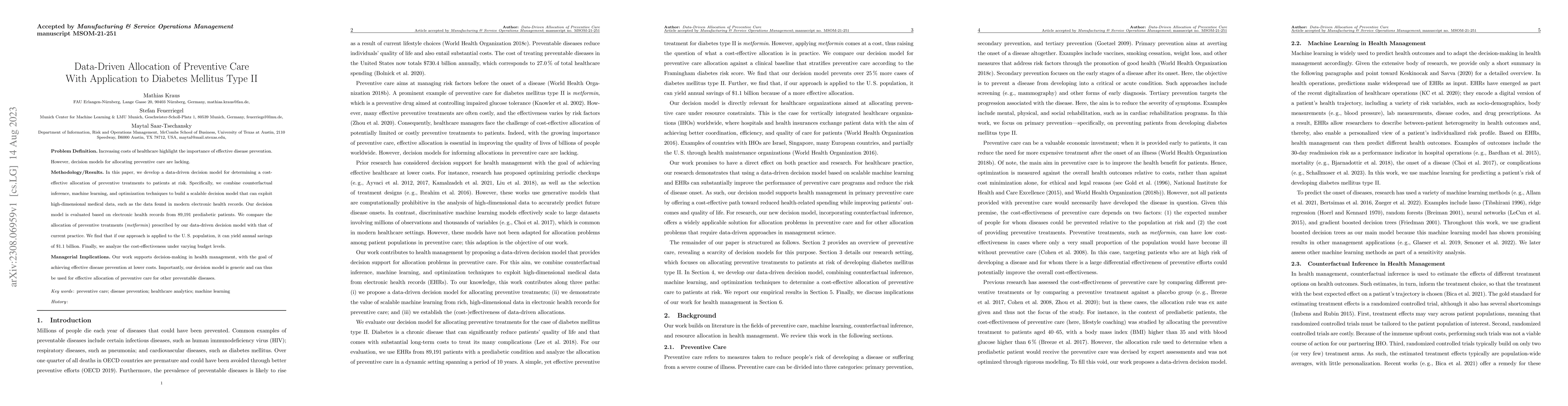Thumbnail for Data-Driven Allocation of Preventive Care With Application to Diabetes
  Mellitus Type II