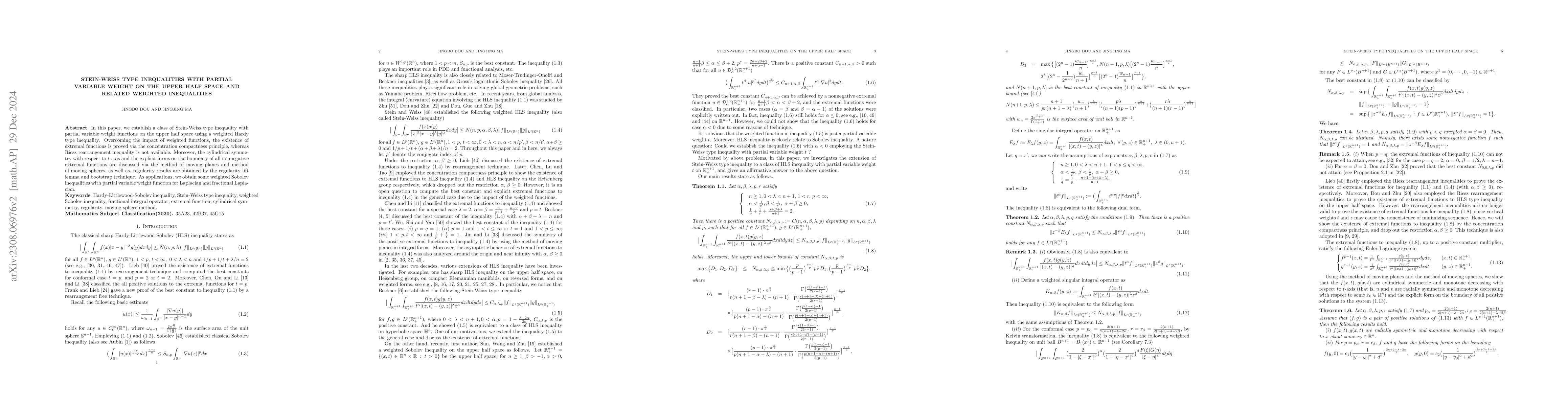 Thumbnail for Hardy-Littlewood-Sobolev inequalities with partial variable weight on
  the upper half space and related inequalities