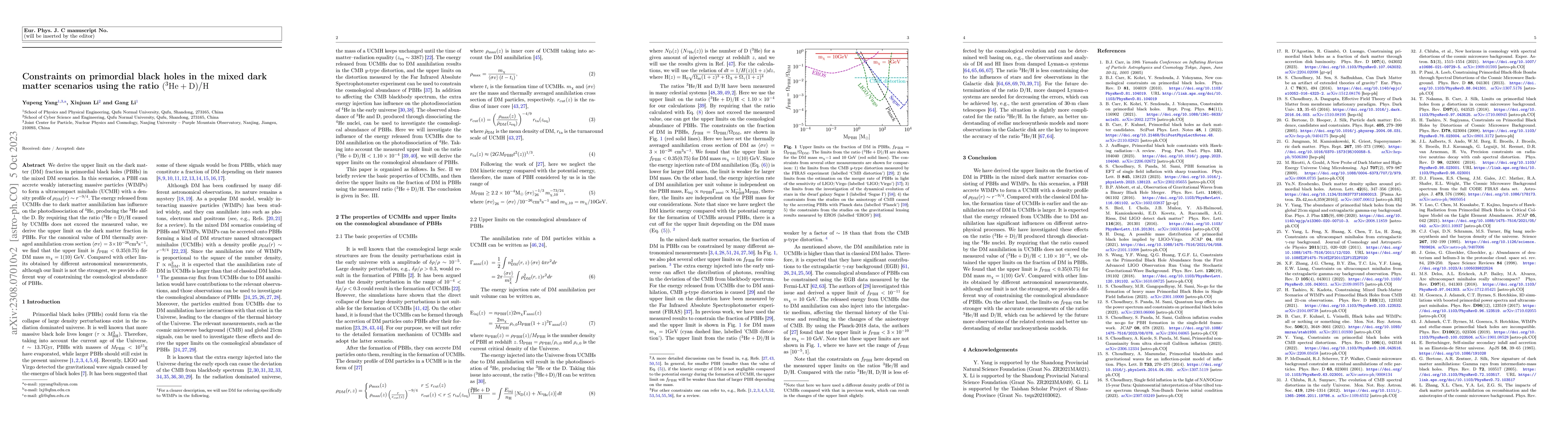 Thumbnail for Constraints on primordial black holes in the mixed dark matter scenarios
  using the ratio $\rm (^3{He}+D)/H$