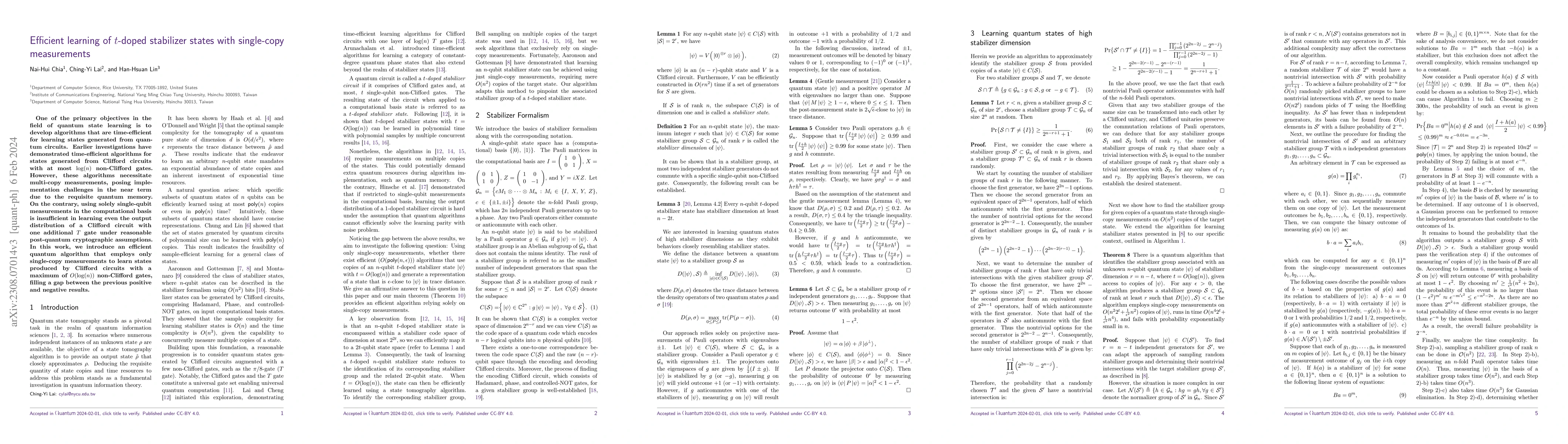 Thumbnail for Efficient learning of $t$-doped stabilizer states with single-copy
  measurements