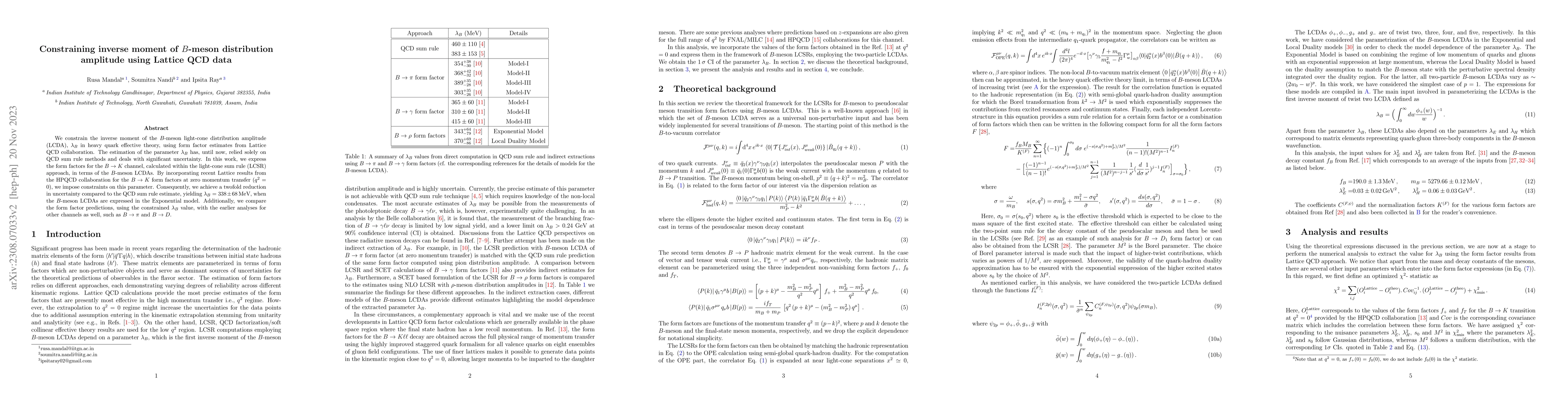 Thumbnail for Constraining inverse moment of $B$-meson distribution amplitude using
  Lattice QCD data