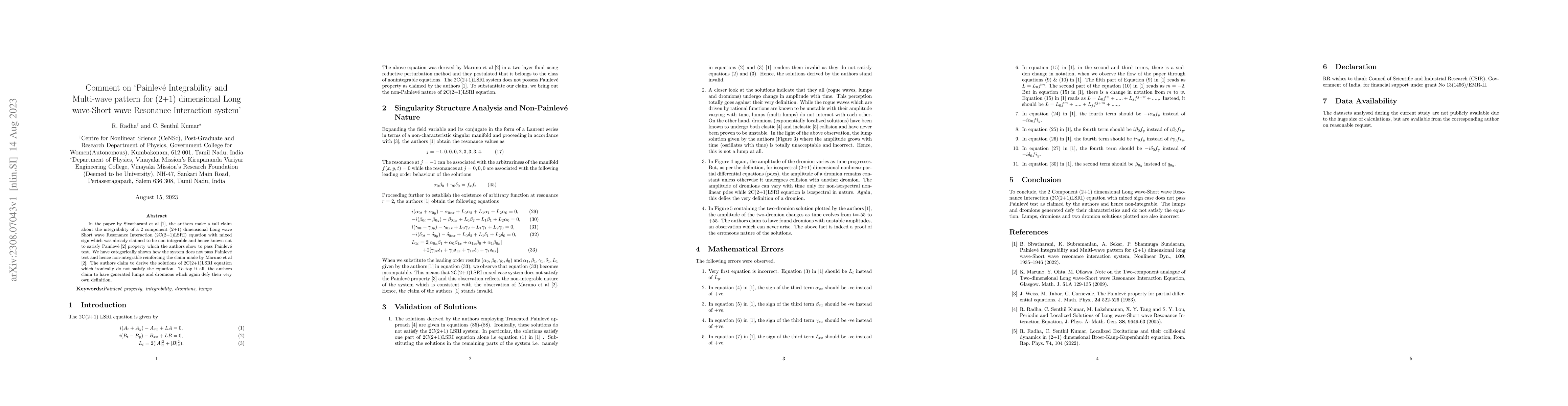 Thumbnail for Comment on `Painlev\'e Integrability and Multi-wave pattern for (2+1)
  dimensional Long wave-Short wave Resonance Interaction system'