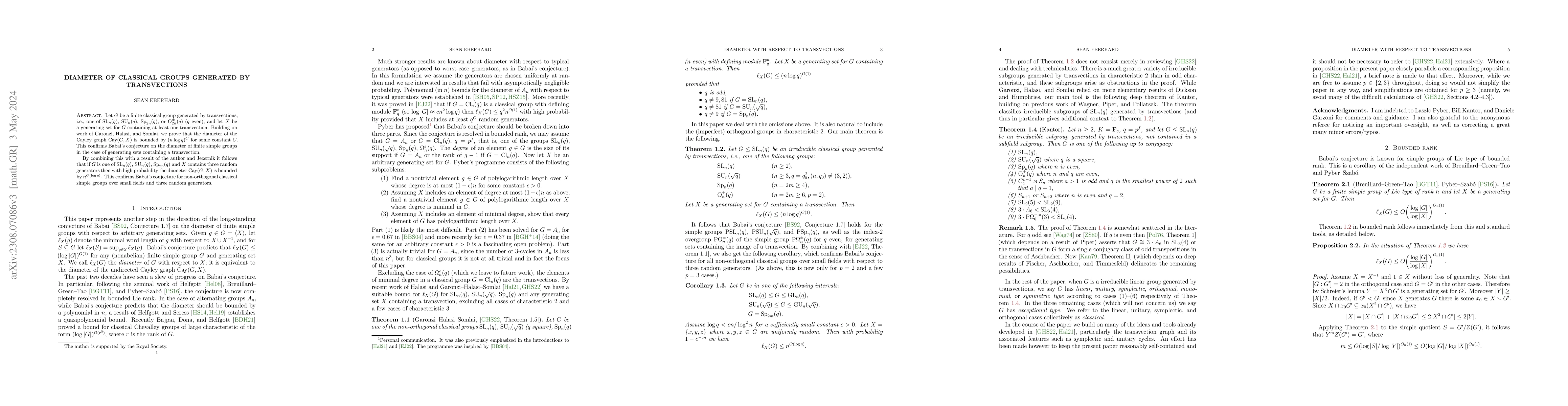 Thumbnail for Diameter of classical groups generated by transvections