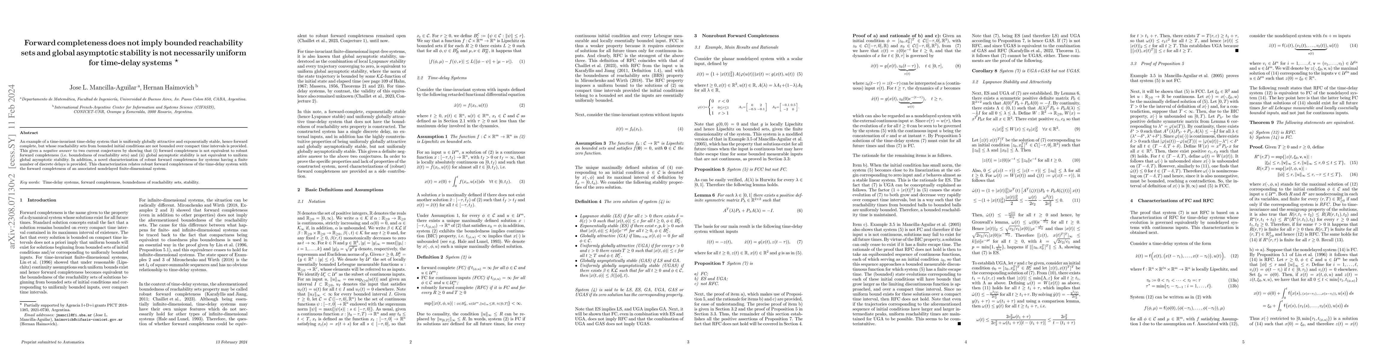 Thumbnail for Forward completeness does not imply bounded reachability sets and global
  asymptotic stability is not necessarily uniform for time-delay systems