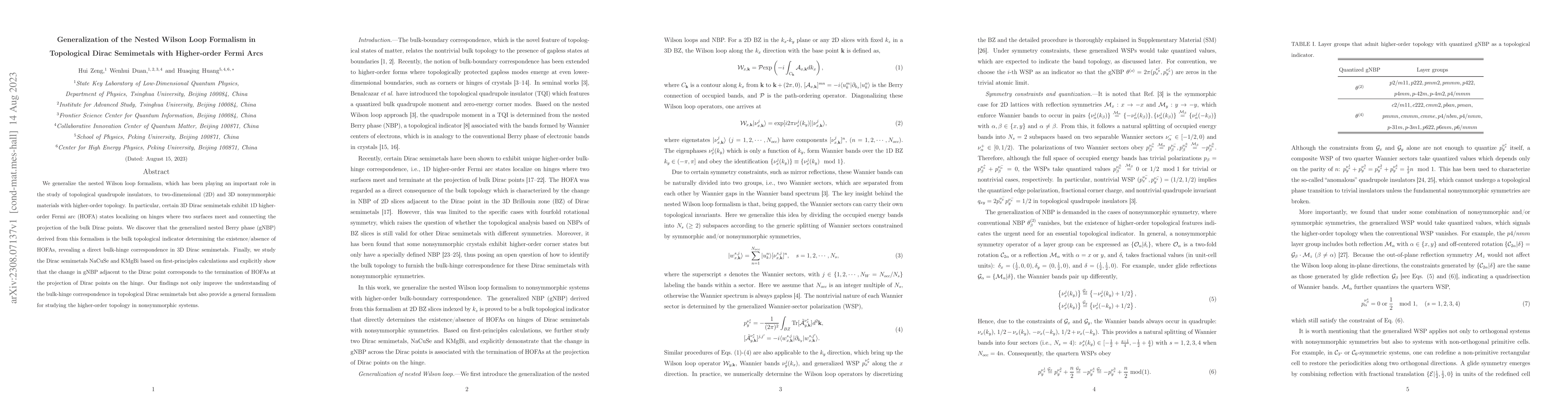 Thumbnail for Generalization of the Nested Wilson Loop Formalism in Topological Dirac
  Semimetals with Higher-order Fermi Arcs