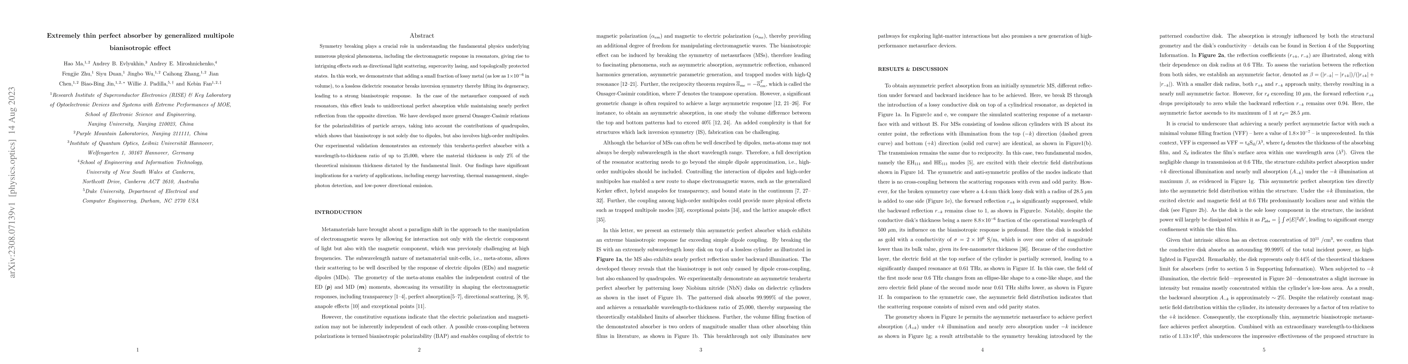 Thumbnail for Extremely thin perfect absorber by generalized multipole bianisotropic
  effect